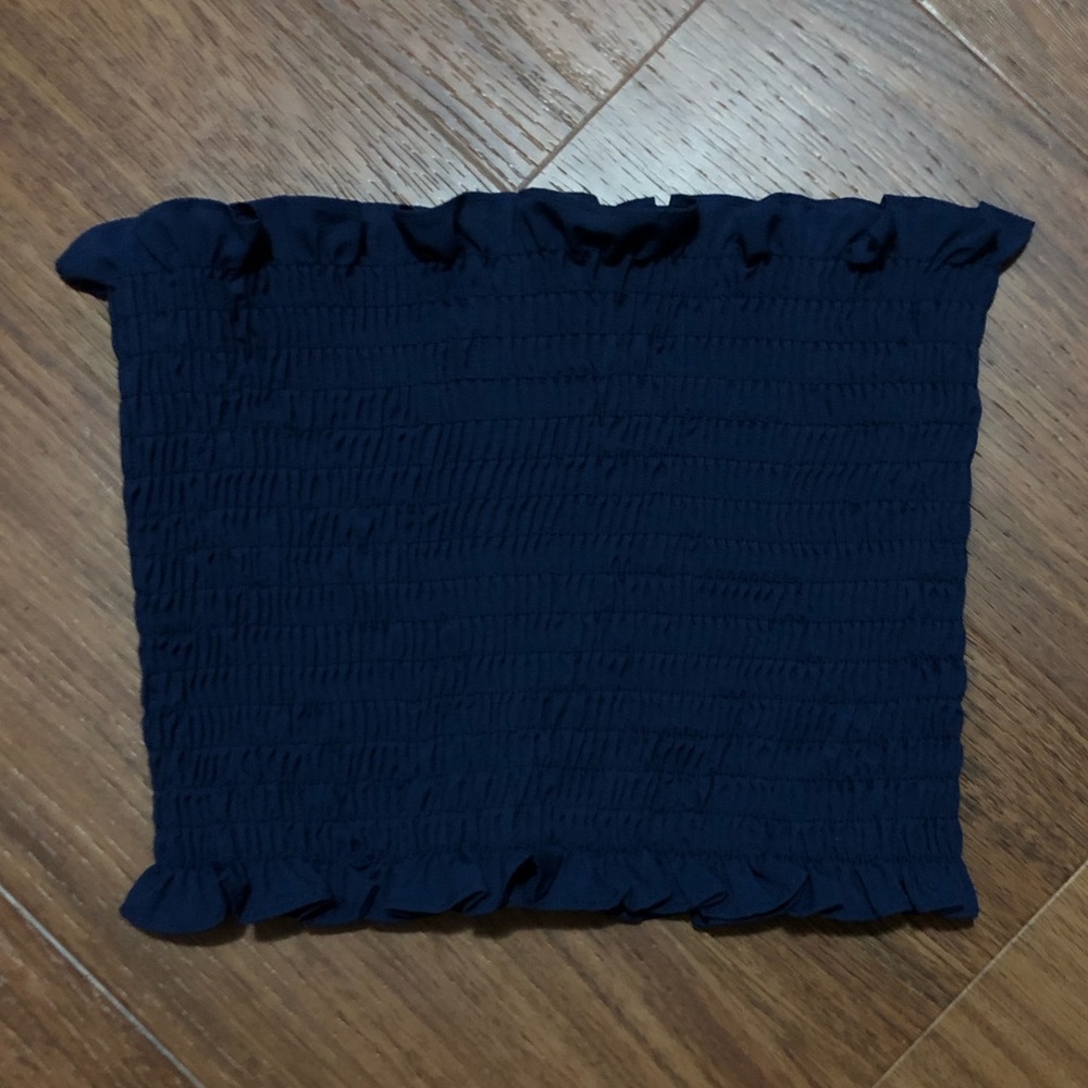 Shein Navy Blue Strapless Lettuce Trim Smocked Crop Tube Top Size L